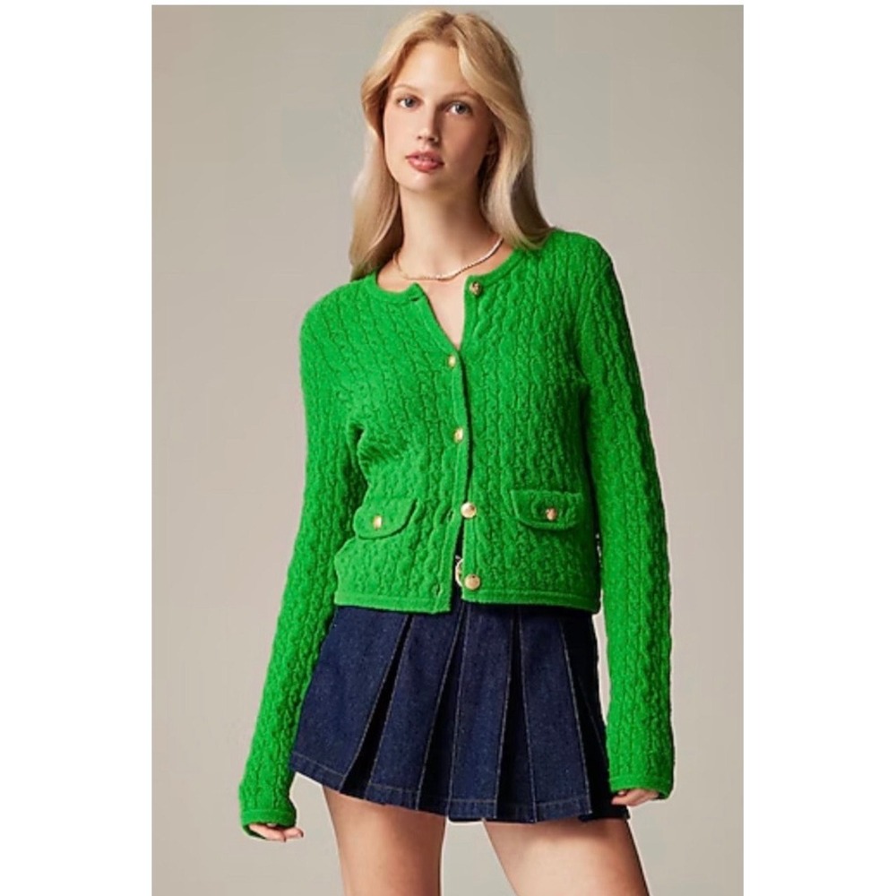 J Crew Odette Cable Knit Sweater Cardigan XXL Kelly Green Gold Button Boucle.EUC